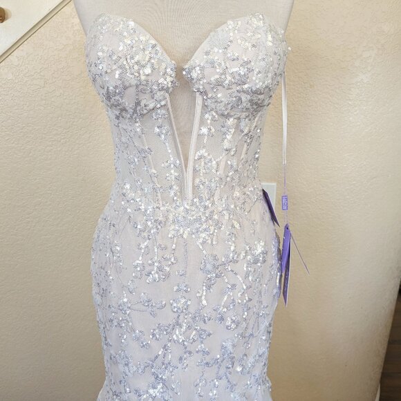 French White Strapless Sequin Corset Formal Mermaid Wedding Dress 4 - Picture 7 of 8